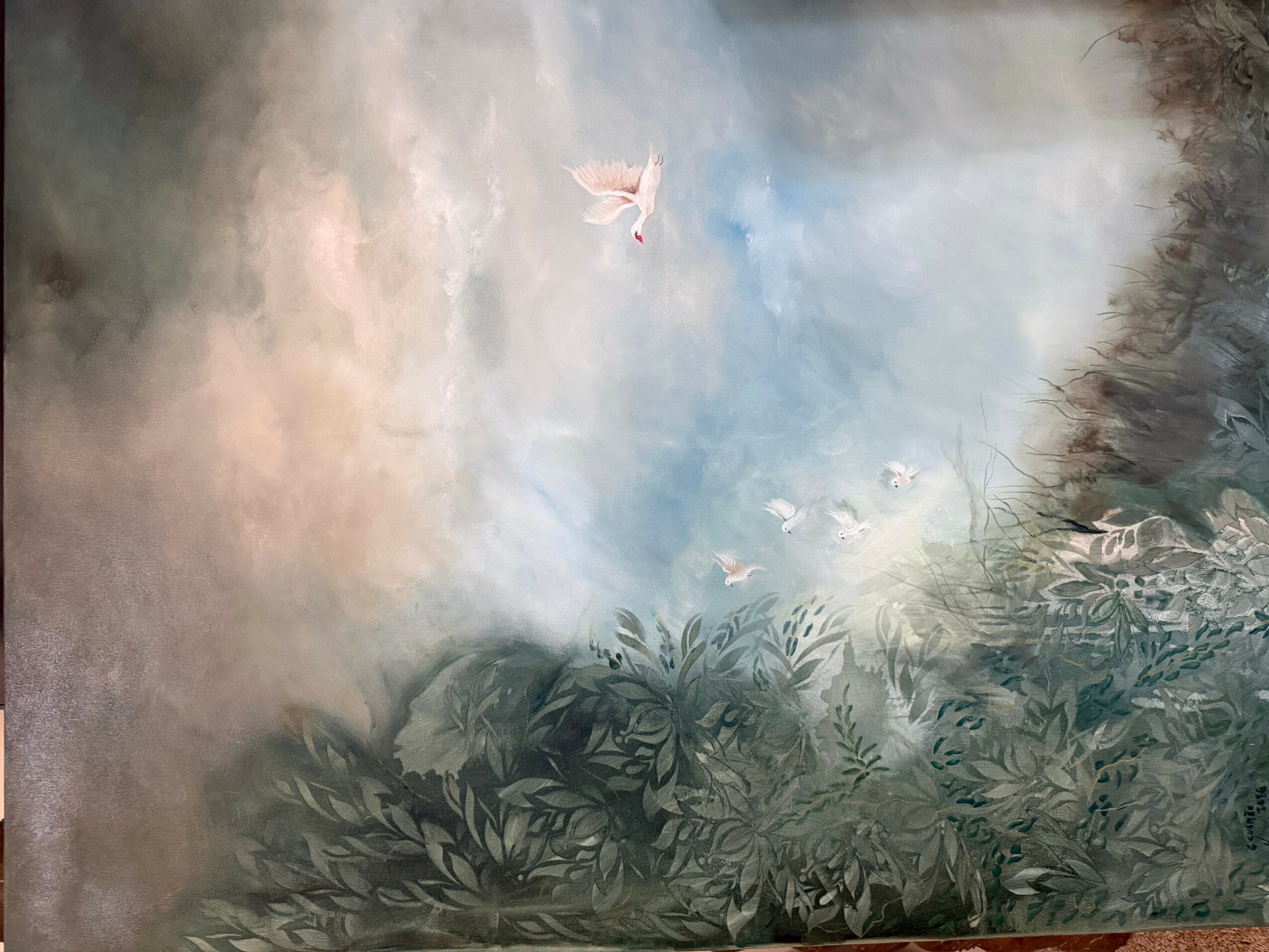 A misty landscape with a body of water, trees, and a sky with a bird flying, in soft pastel colors.