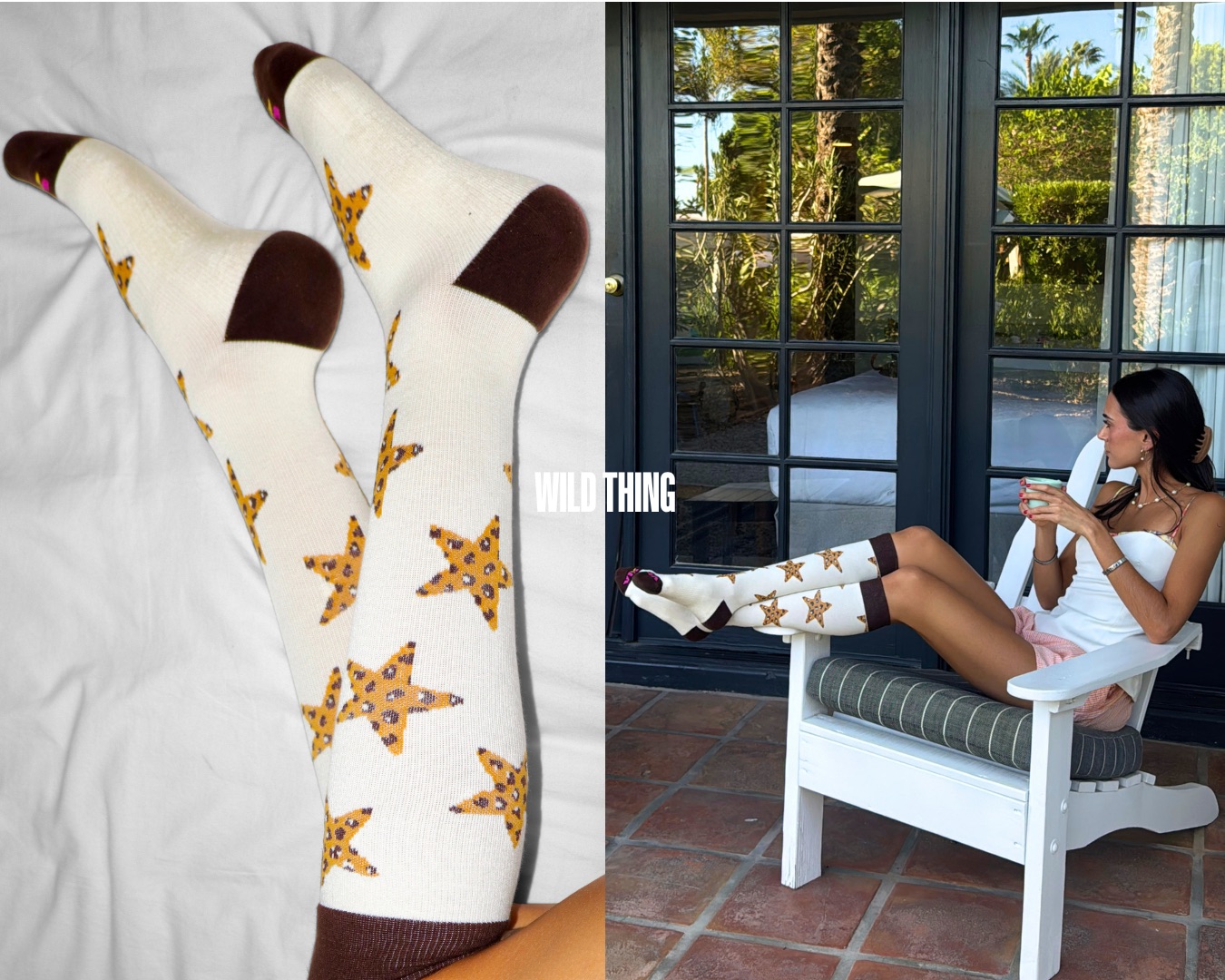 Person wearing giraffe-patterned socks, lying on a bed with white sheets, with a window and a woman reading nearby.