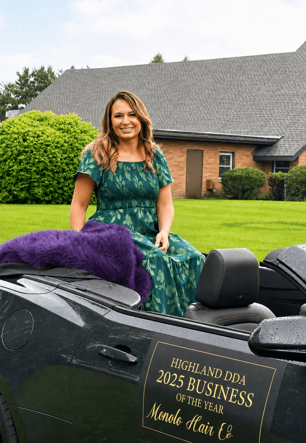 Woman in green dress sitting in a convertible car outdoors with house and greenery in background.