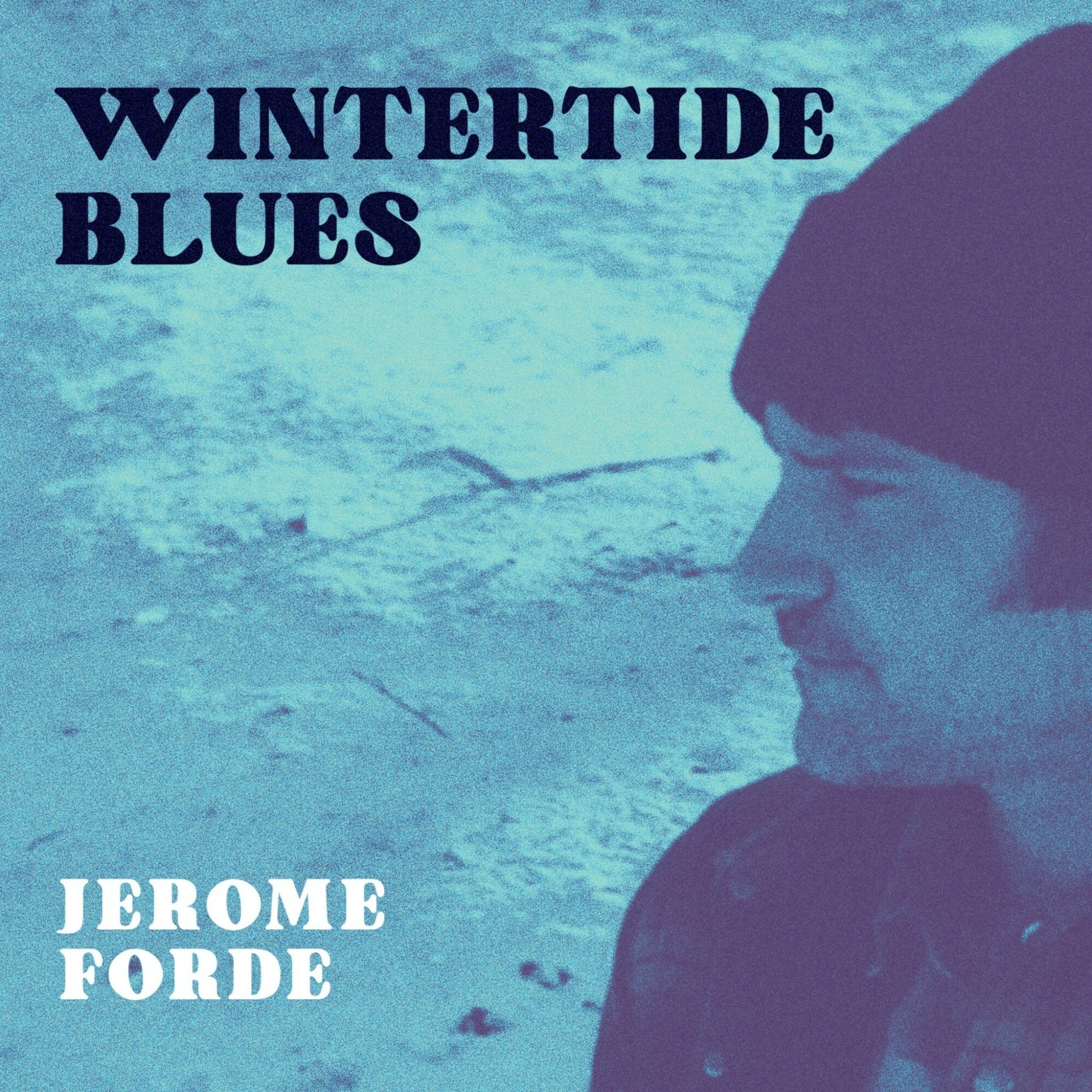 Profile of a person wearing a beanie, with a snowy landscape background, and text reading 'Wintertime Blues' and 'Jerome Forde'.