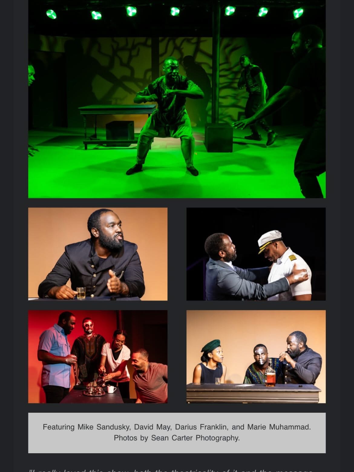 Four images: a person performing on stage with green lighting, a man speaking, two men shaking hands, and a group of people talking, all in various settings.
