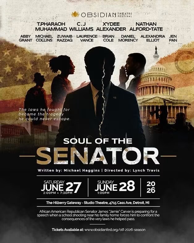 Silhouette of a person with a torn paper effect, with Capitol building and people in background, promoting a play titled 'Soul of the Senator'.