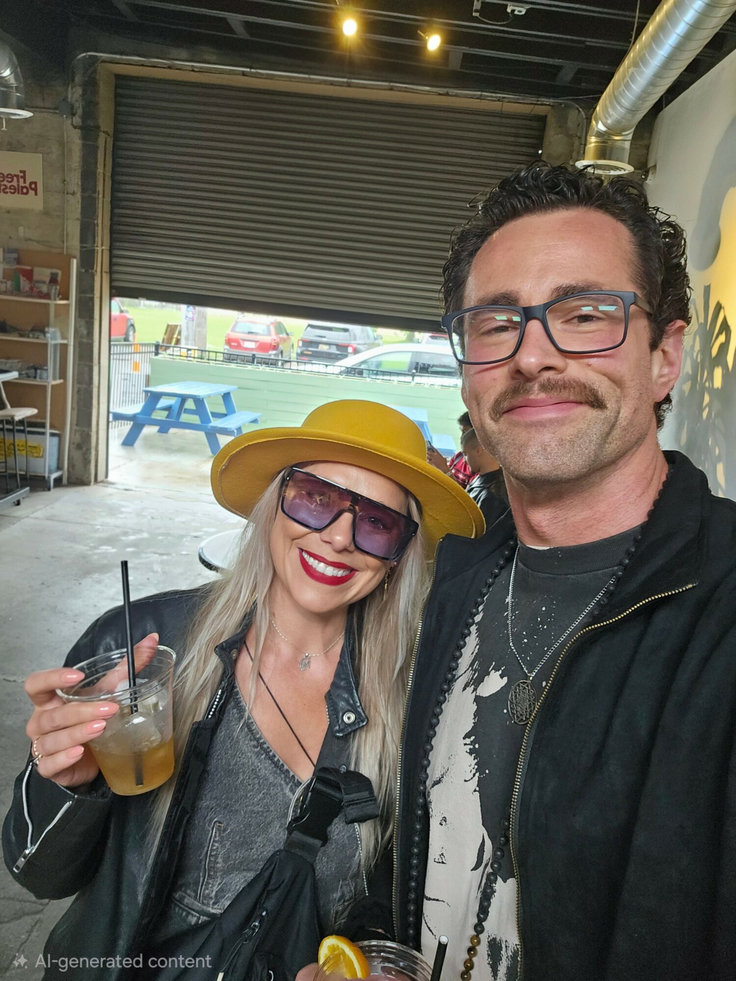 A man and woman pose together indoors, woman wears a yellow hat and sunglasses, man wears glasses and a black jacket.