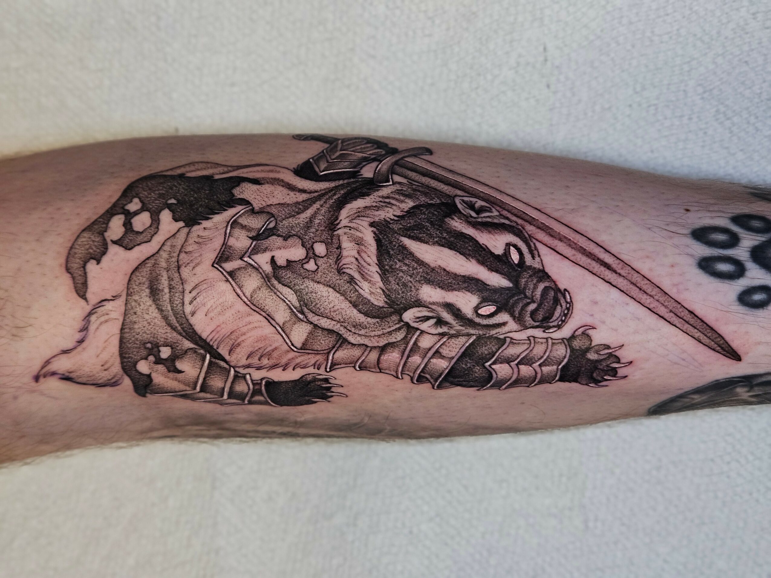 Tattoo of a dragon with detailed scales and wings on a person's arm.