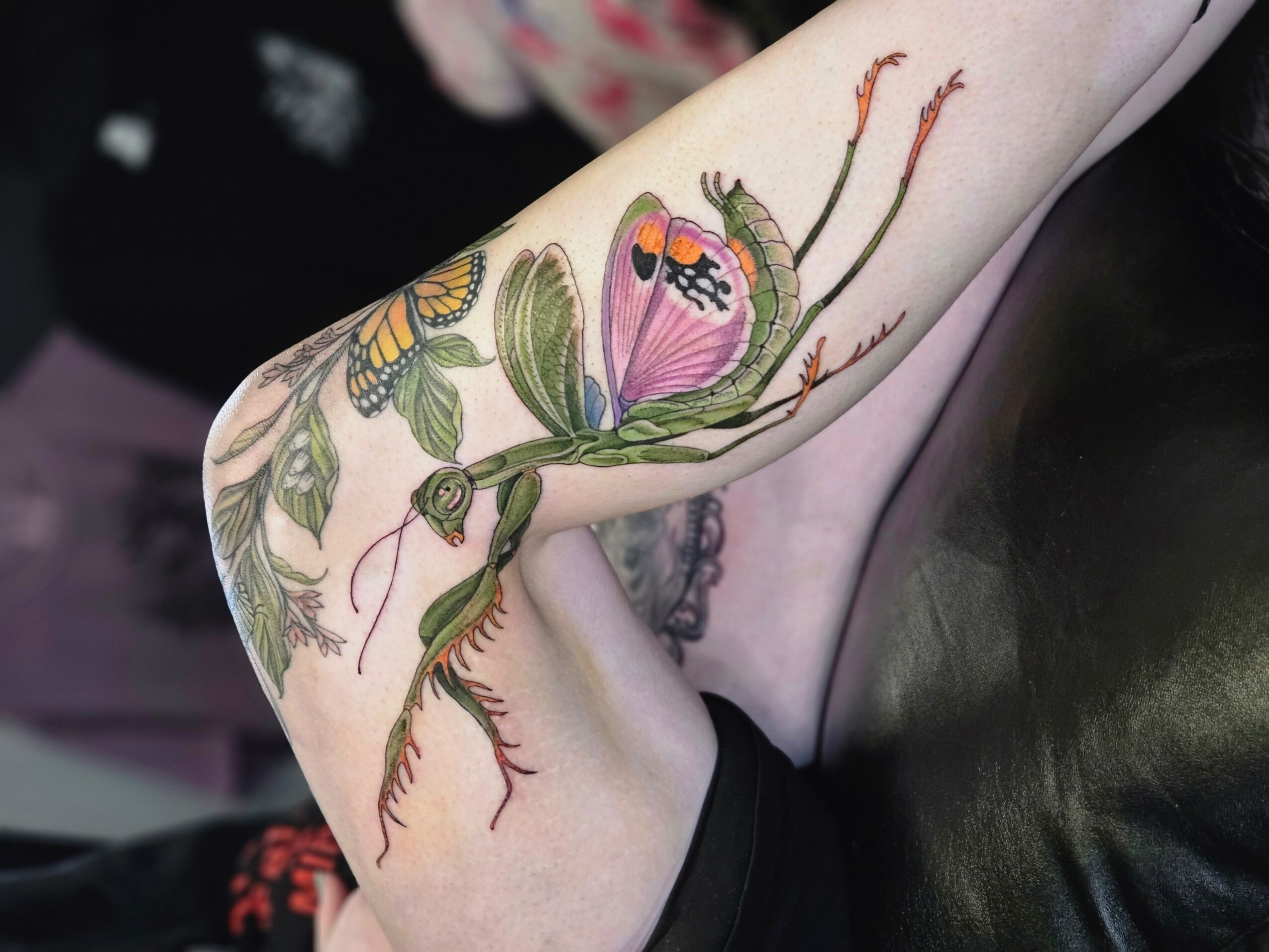 Tattoo of a colorful butterfly and green plant on person's arm, with black clothing visible.