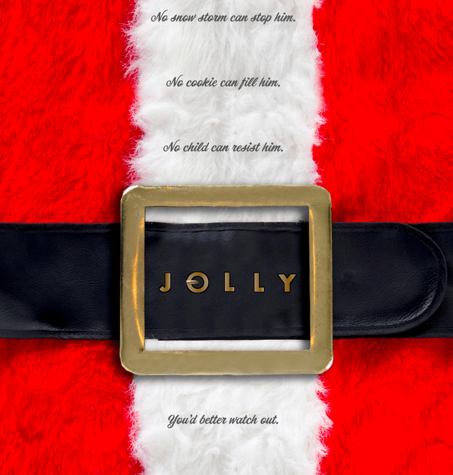 Santa hat with a quote, black belt with a gold buckle, and the word JOLLY inside the buckle, festive theme.