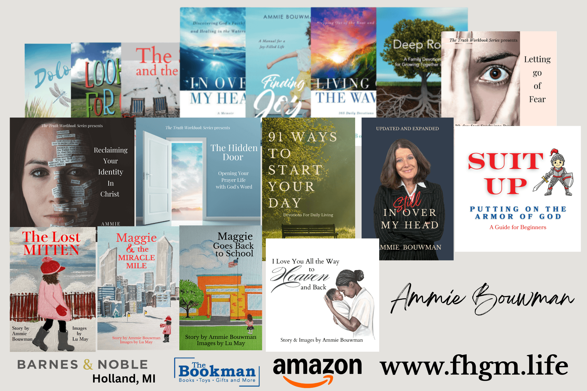 Collage of book covers, a woman, and a website URL, with various titles and authors visible.