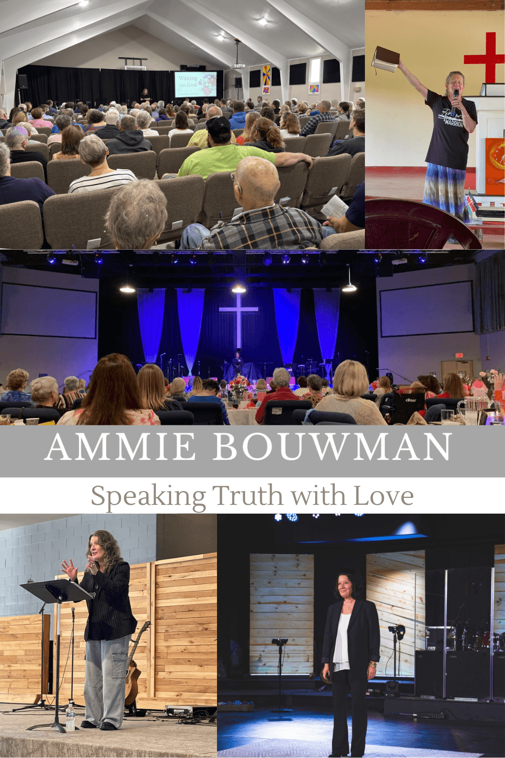 Collage of four images: a church service, a woman speaking at a podium, a church interior with blue lighting, and a woman speaking on stage.