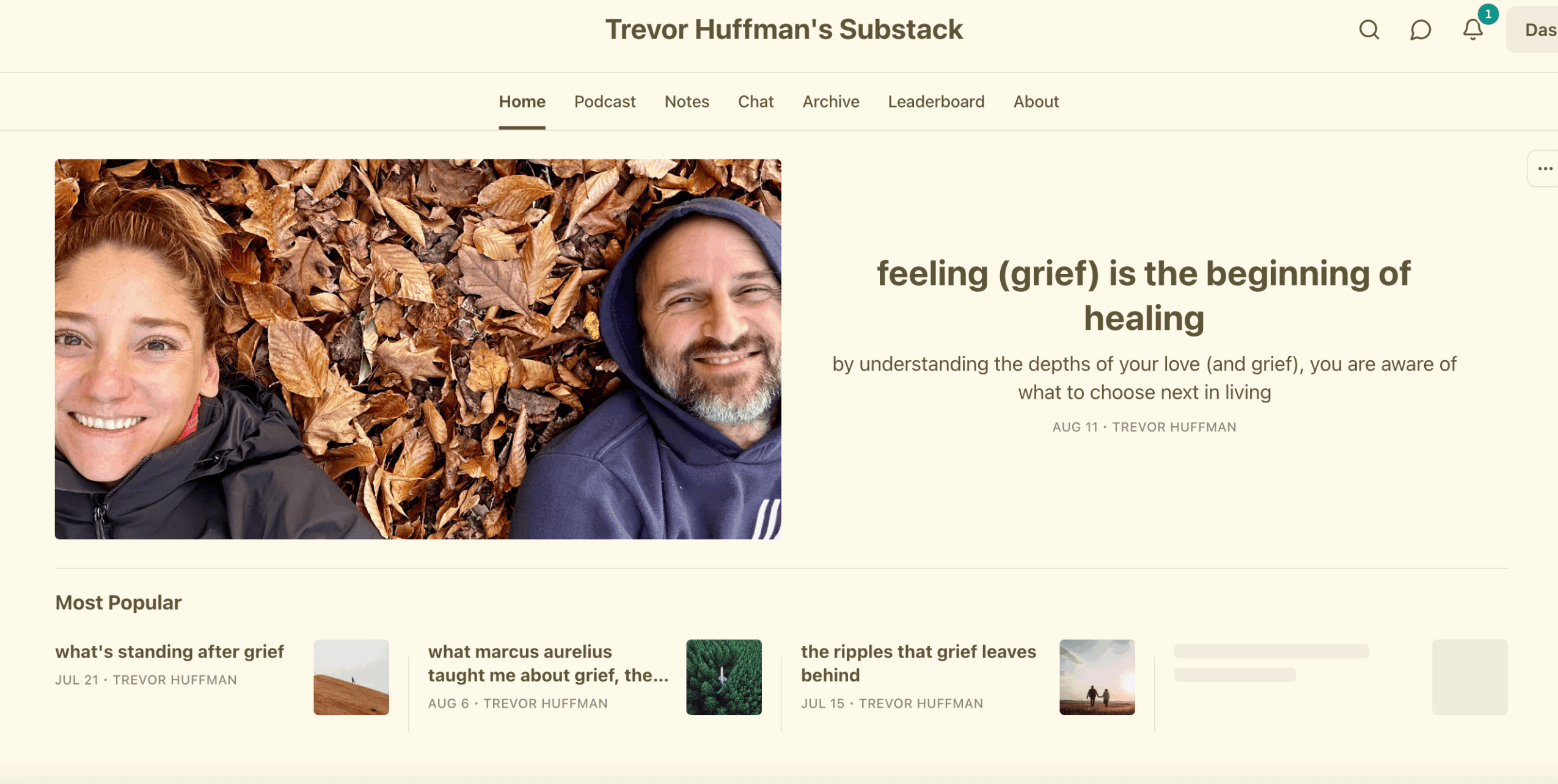 Two people smiling outdoors with fallen leaves, text about grief and healing, website header and navigation visible.