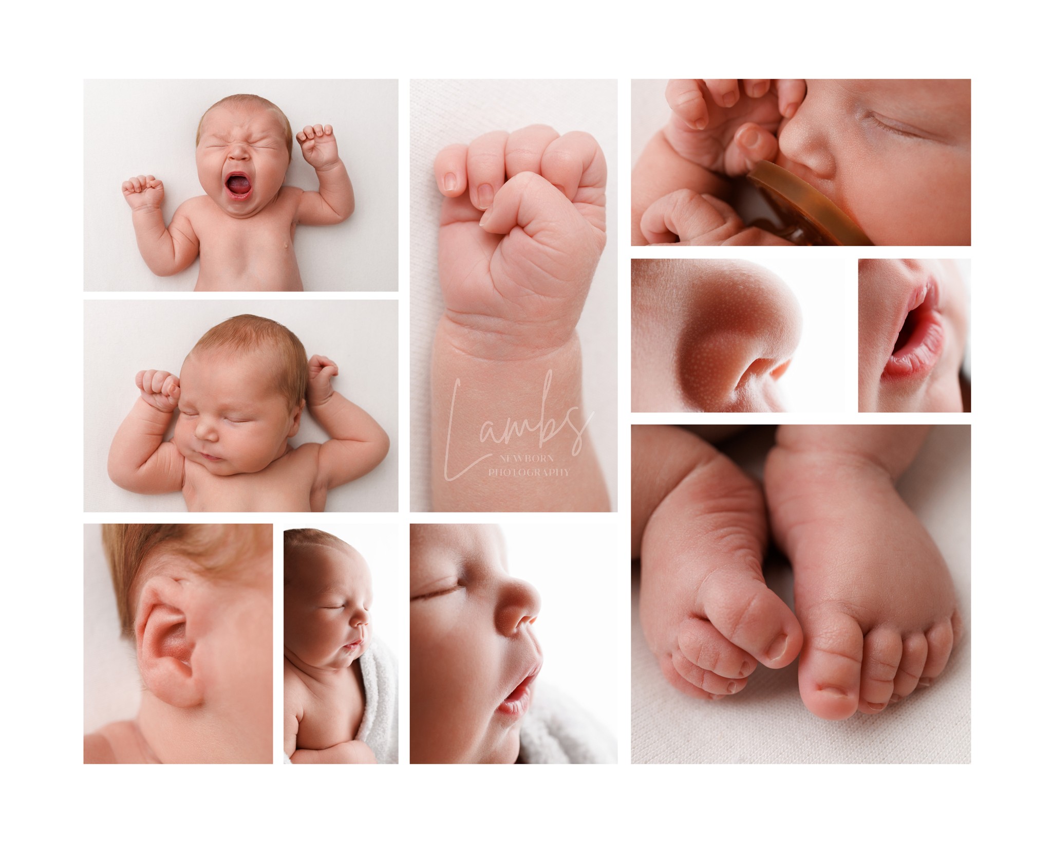 Collage of baby images including crying, sleeping, fist, nose, lips, and feet, on a white background.