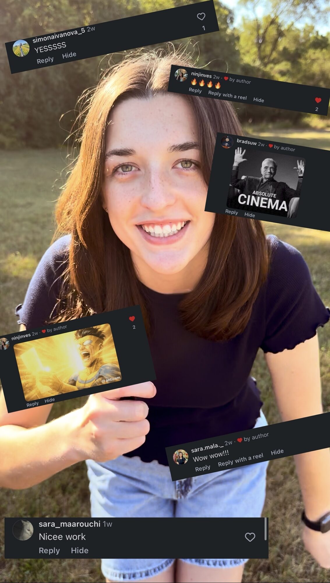 Smiling young woman outdoors holding a phone, surrounded by social media posts and images, with trees and sky in background.