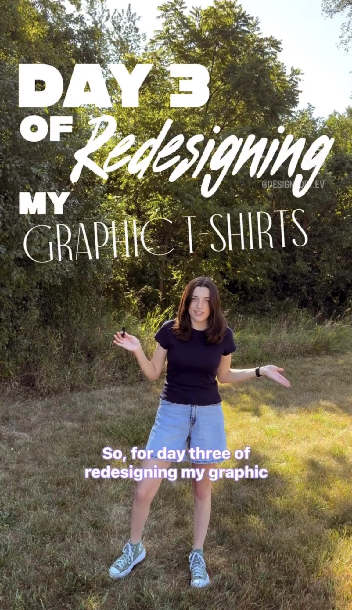 Woman standing outdoors with trees, wearing a dark shirt and shorts, gesturing with hands, text about redesigning graphic T-shirts.