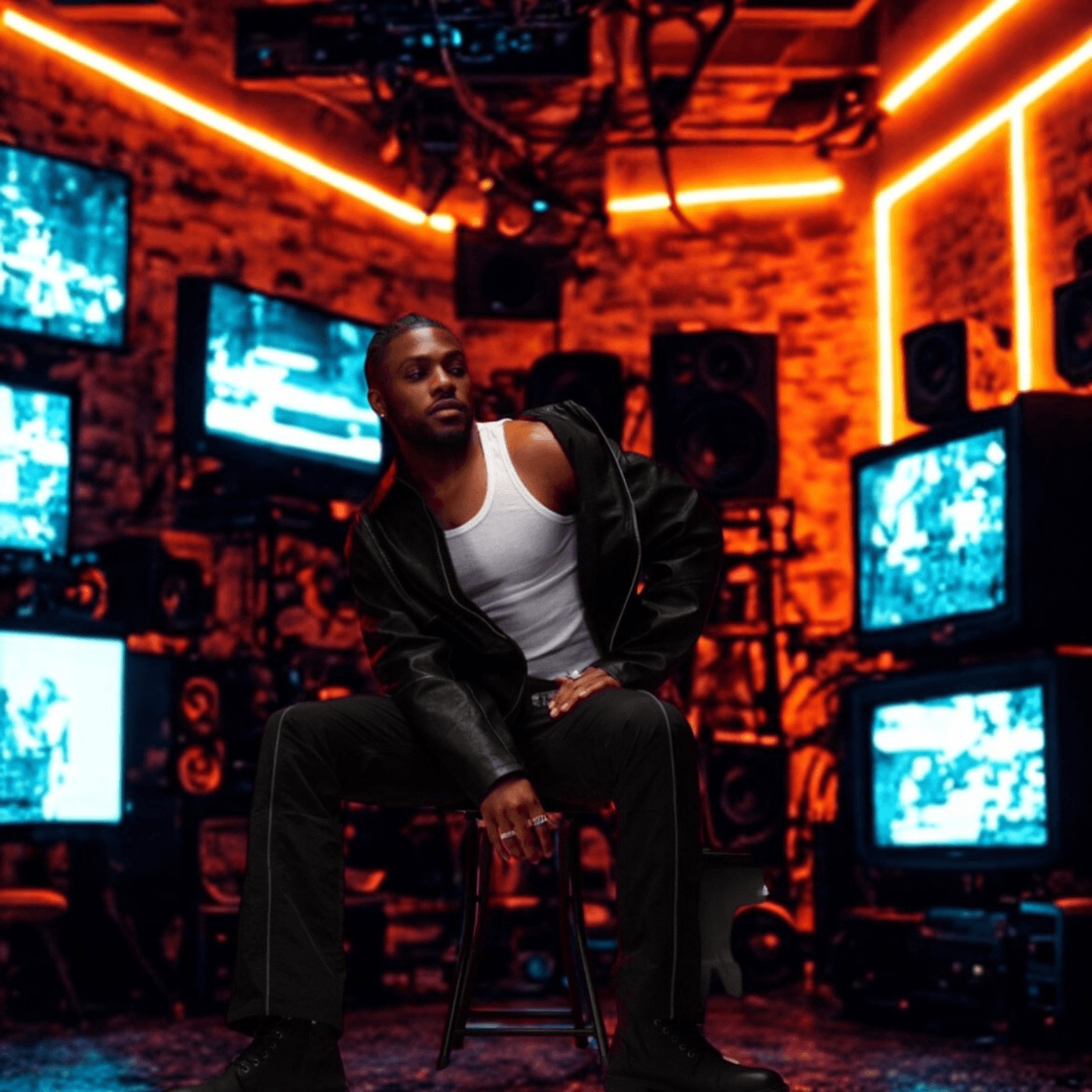 Young man sitting on a chair in a dimly lit room with multiple TV screens and orange neon lights, wearing a white tank top and black jacket.