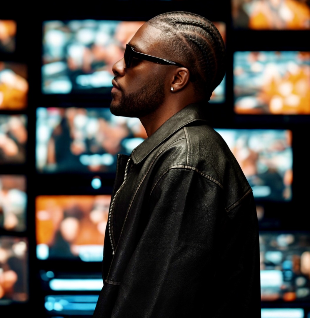 Side profile of a man with braided hair, sunglasses, and a leather jacket, in front of multiple screens.