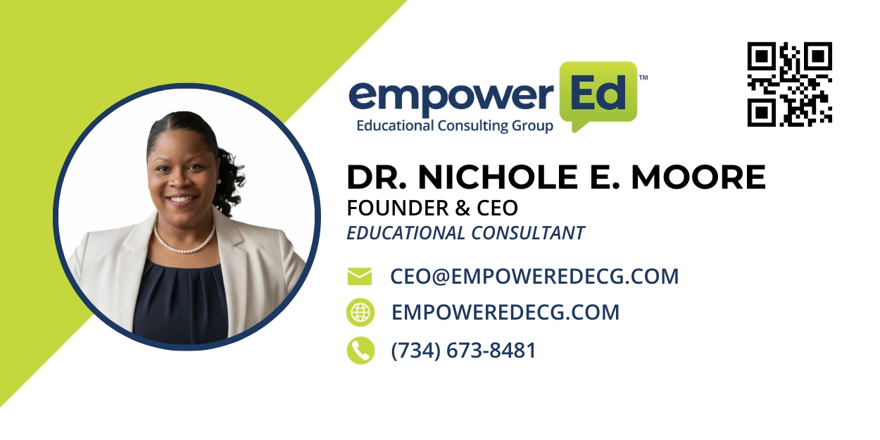 Business card featuring a smiling woman, company logo, contact details, and QR code, with green, white, and blue design elements.