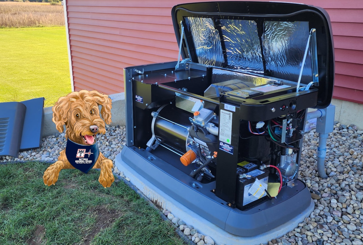 Dog with a bandana sitting on grass next to a large open machine outdoors, with a pink building in background.
