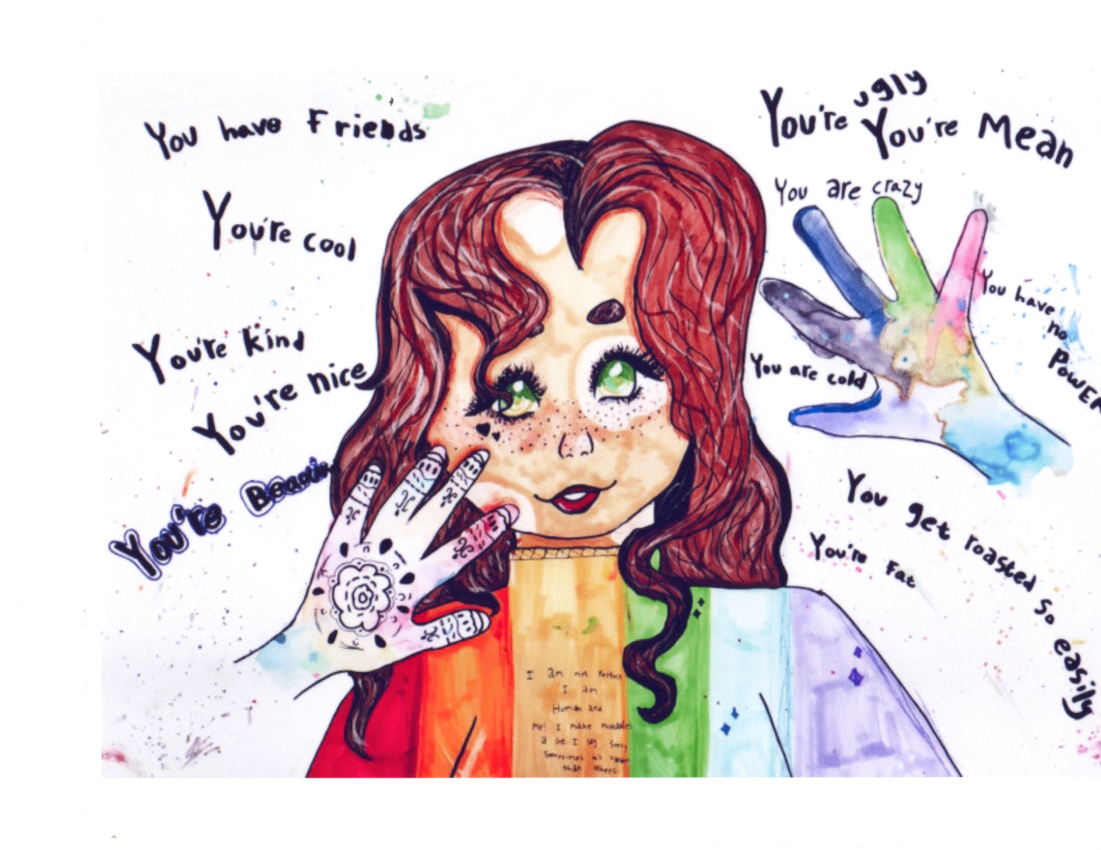 Drawing of a girl with red hair, surrounded by positive messages and colorful handprints, smiling and making a peace sign.