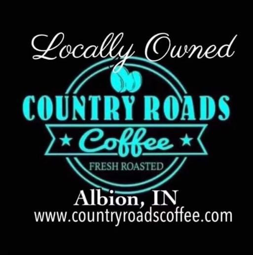 Logo for Country Roads Coffee featuring text and a coffee bean, with location and website details.