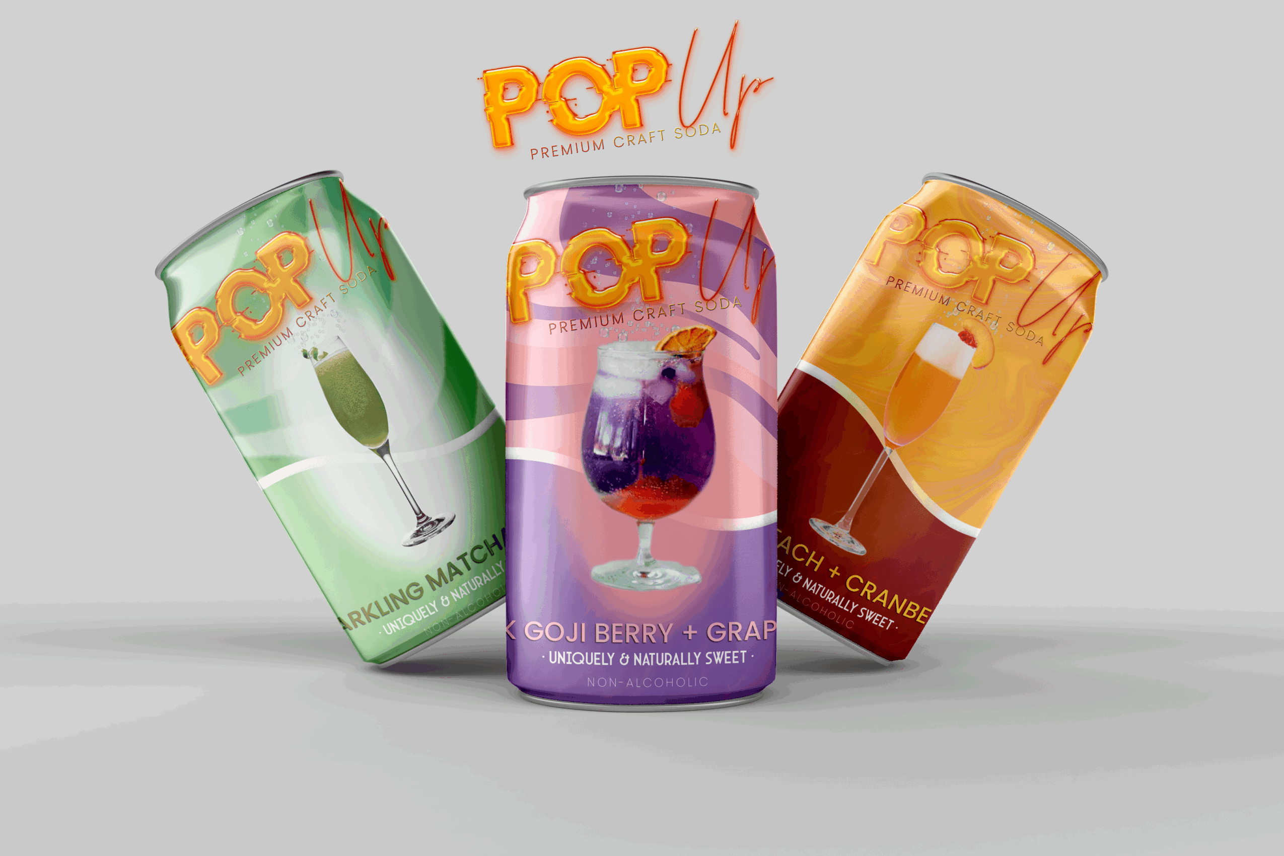 Three cans of flavored beverage with colorful labels and a gray background.