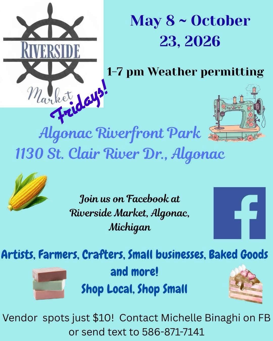 Event poster for Riverside Market from May 8 to October 23, 2026, featuring weather, location, and activities details.
