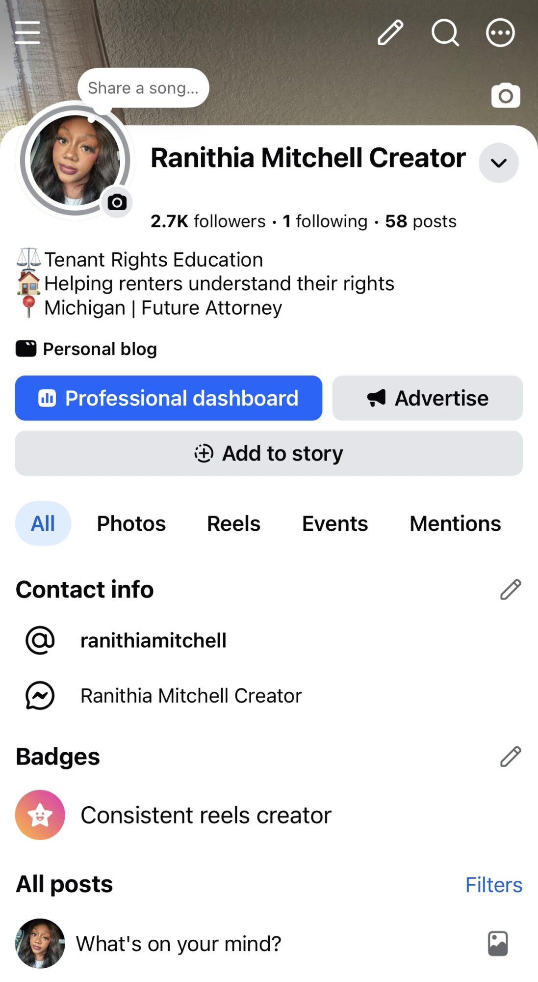 Screenshot of a social media profile for Ranishita Mitchell Creator, showing profile picture, followers, and contact info.