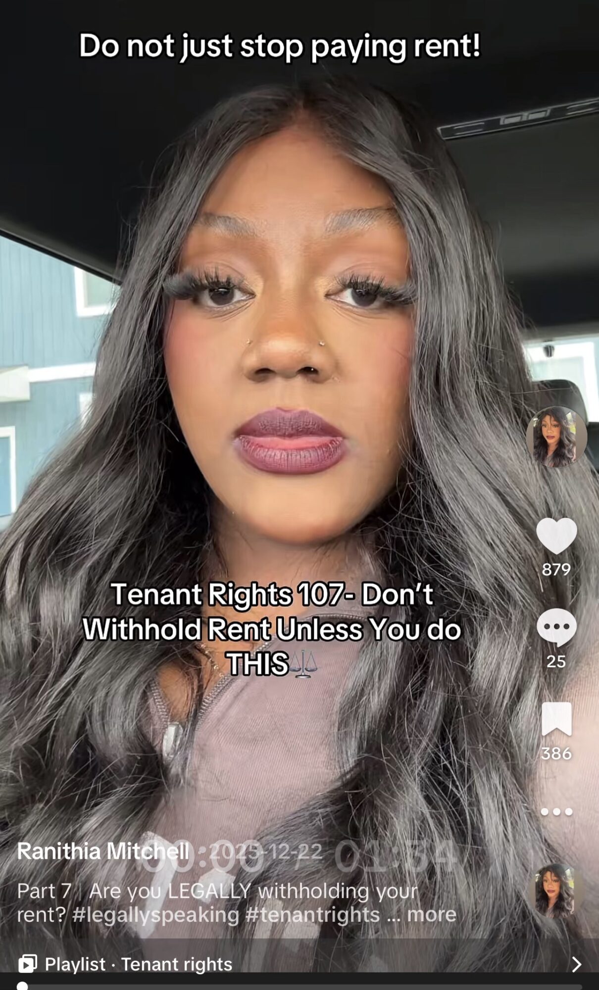 Close-up of a woman with long wavy hair and makeup, with text about rent and tenant rights overlaid.