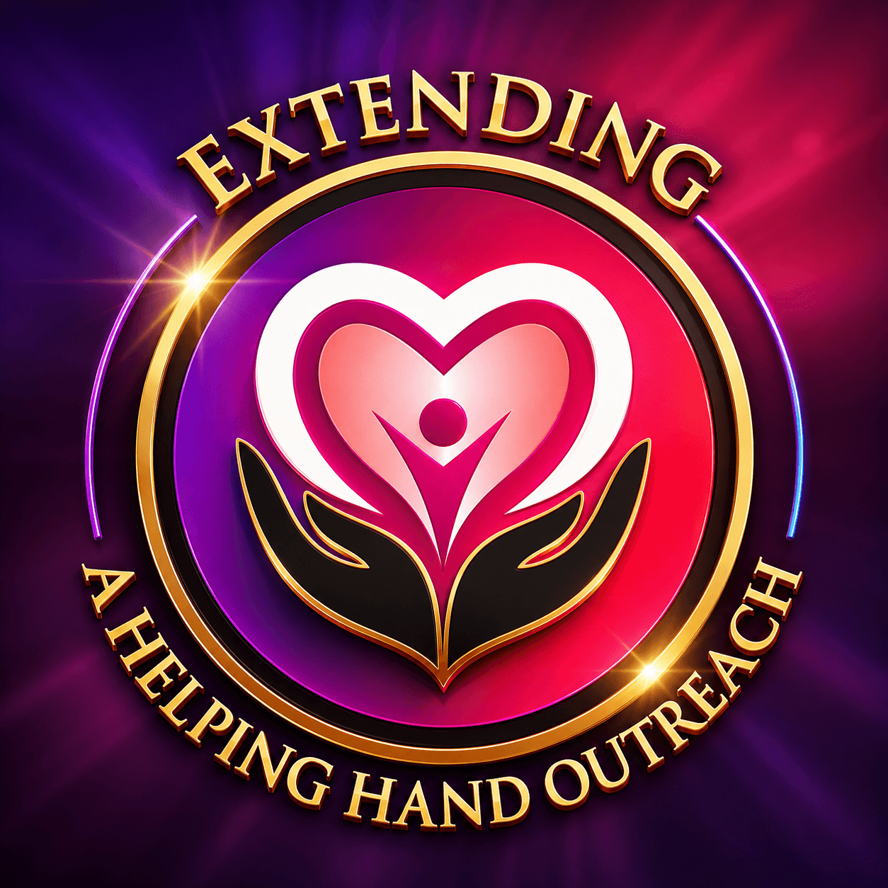Logo with a heart, hands, and a person, surrounded by text 'Extending Helping Hand Outreach', on a colorful background.