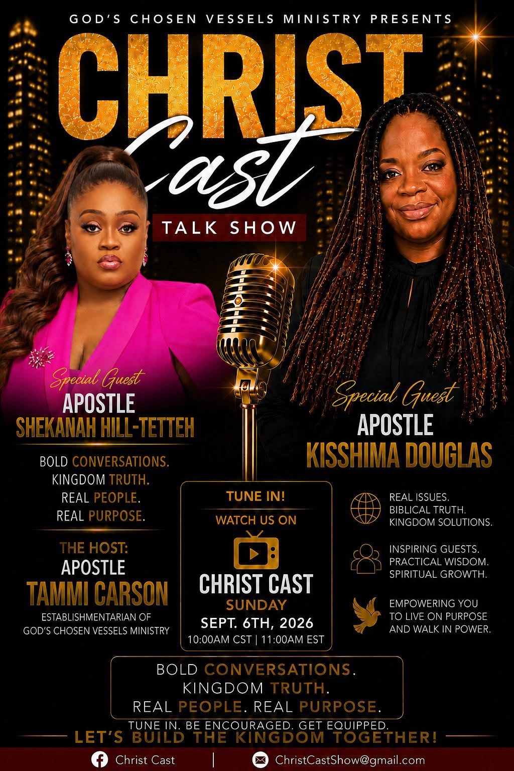 Poster for Christ Cast Talk Show featuring two women, one in pink blazer and the other in black, with a microphone and event details.