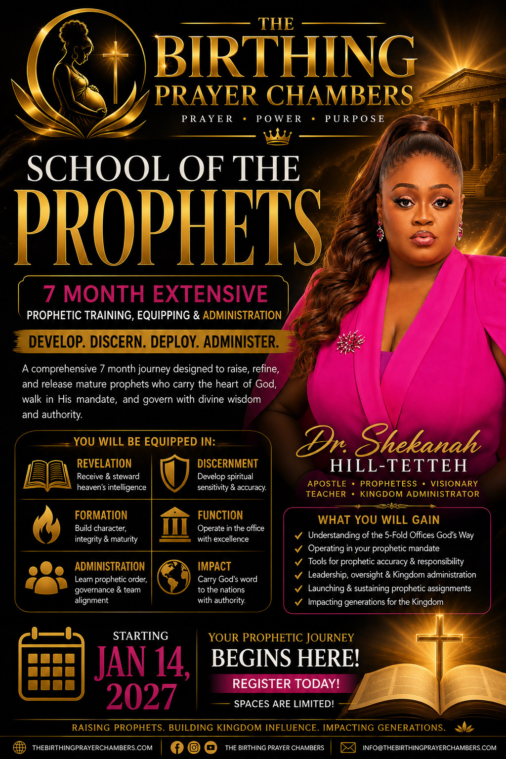 Event poster for school of prophets with a woman, event details, and schedule information.