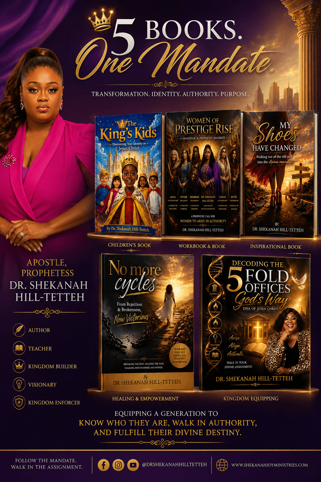 Promotional poster for a book series with a woman in a pink dress, displaying five book covers and text about empowerment.