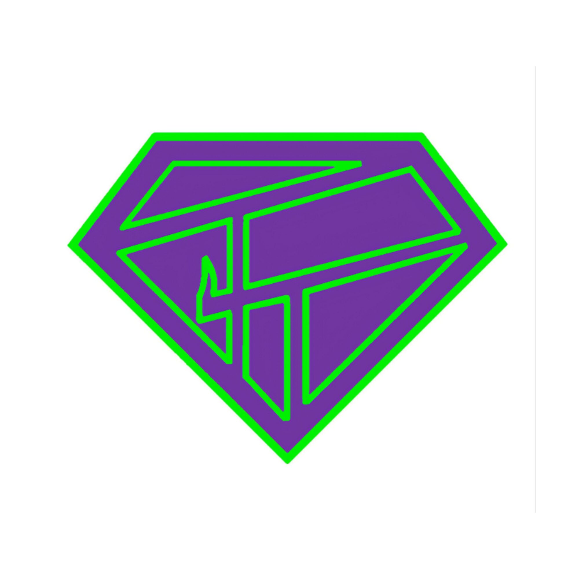 A stylized diamond shape with purple interior sections outlined in bright green, resembling a geometric emblem.