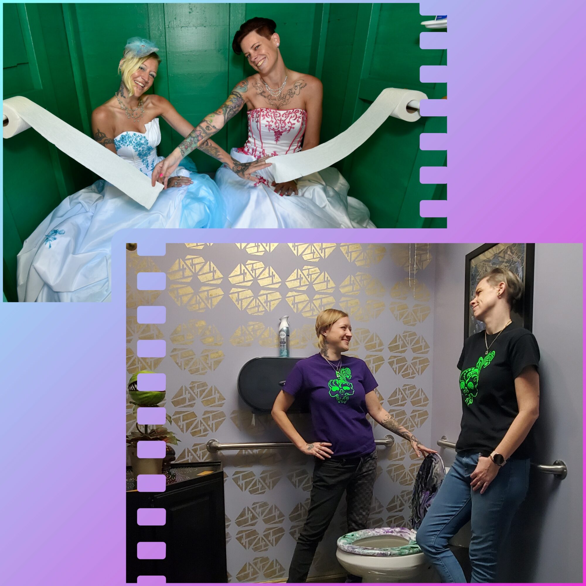 Two women in wedding dresses and two women in casual clothes in a room, smiling and talking, with a patterned wall behind them.
