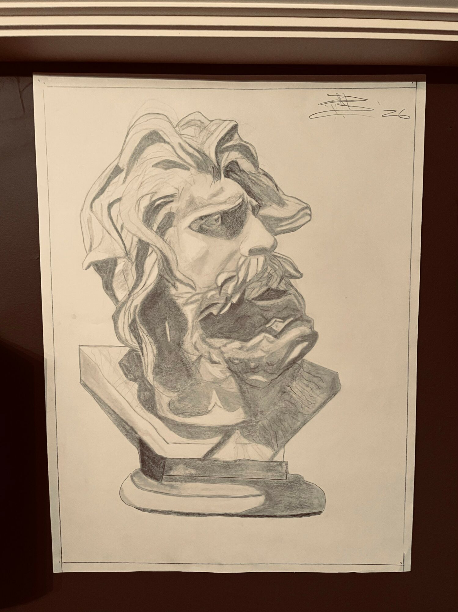 Pencil sketch of a man's head with long hair and beard, mounted on a pedestal, viewed from the side.