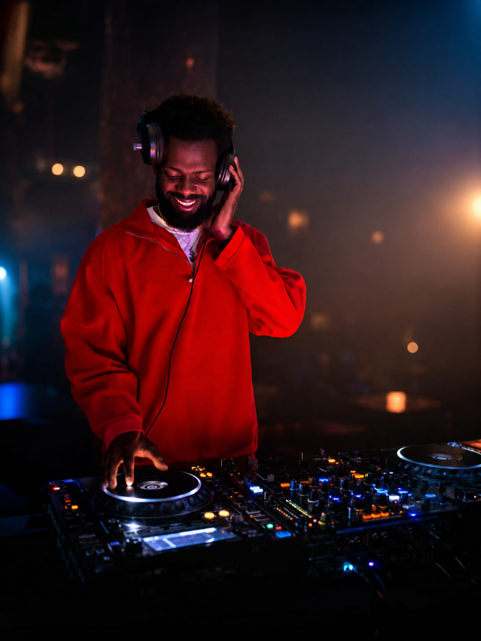 Person with headphones smiling while DJing at night with colorful lights in the background.