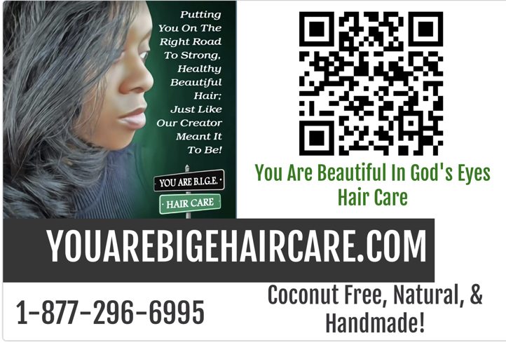 Close-up of a woman with blue hair, promotional text for hair care, QR code, website, phone number, and product details.