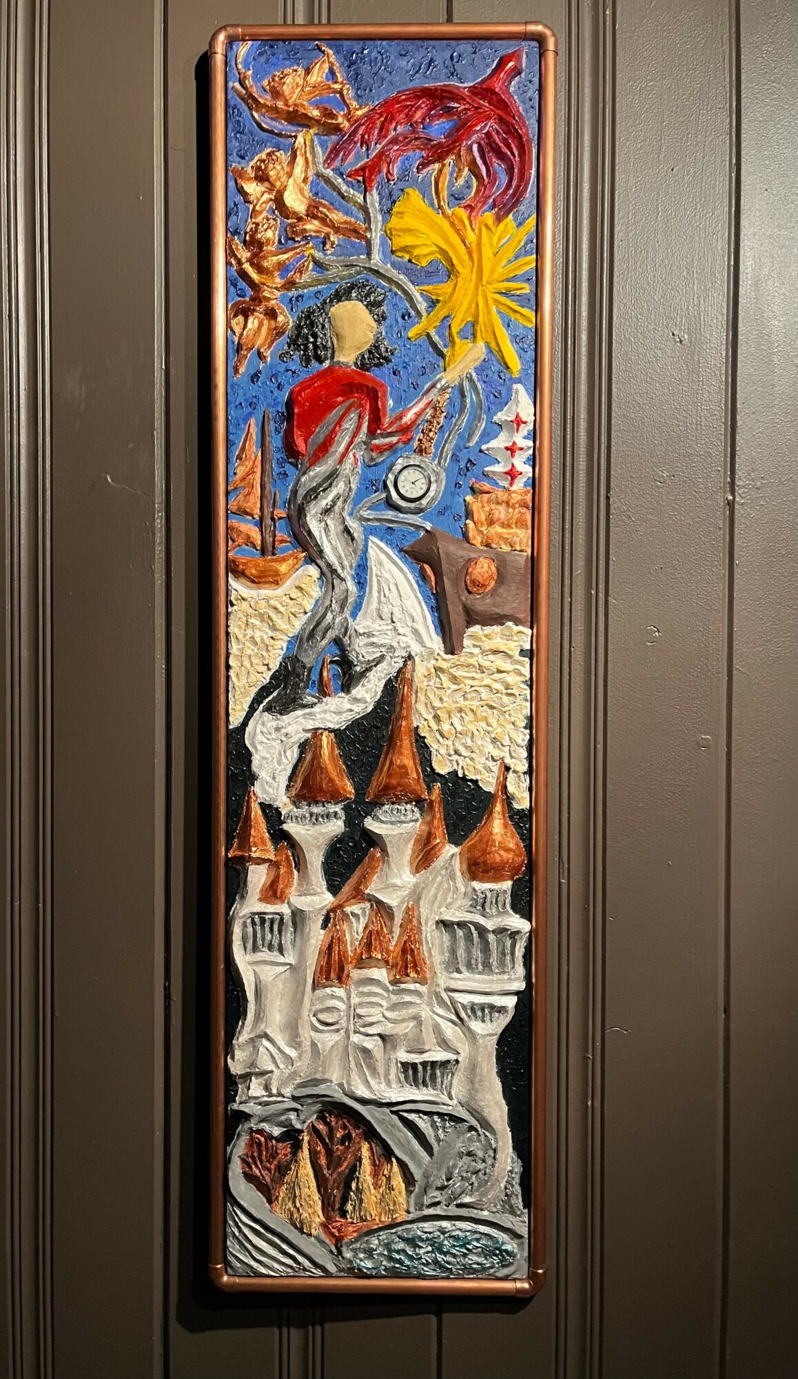 Vertical painting with colorful abstract figures and shapes, including a person, animals, and geometric patterns.
