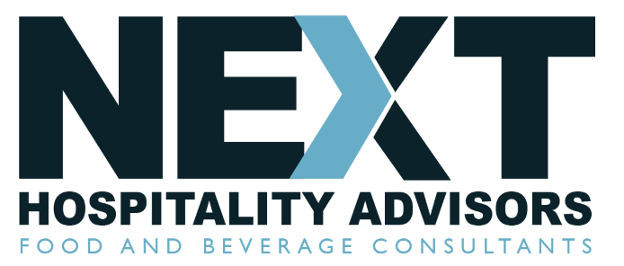 Logo with bold black and blue text reading 'NEXT HOSPITALITY ADVISORS' and smaller text below.
