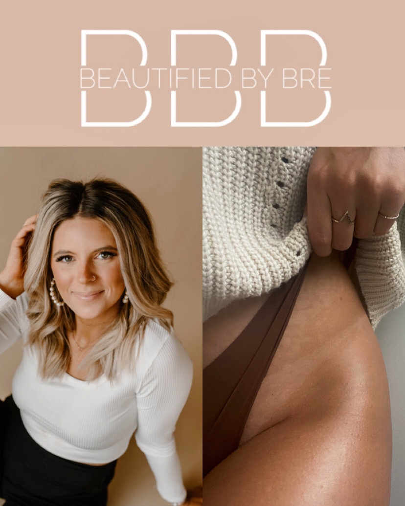 Split image with a woman smiling on the left and a close-up of a person's arm on the right.