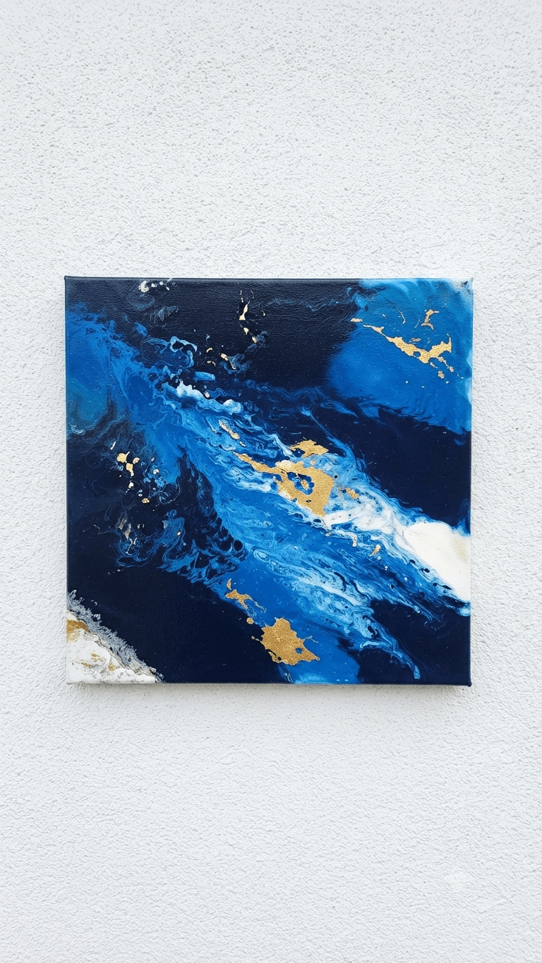 Abstract painting with blue, white, and gold colors on a small canvas mounted on a white wall.