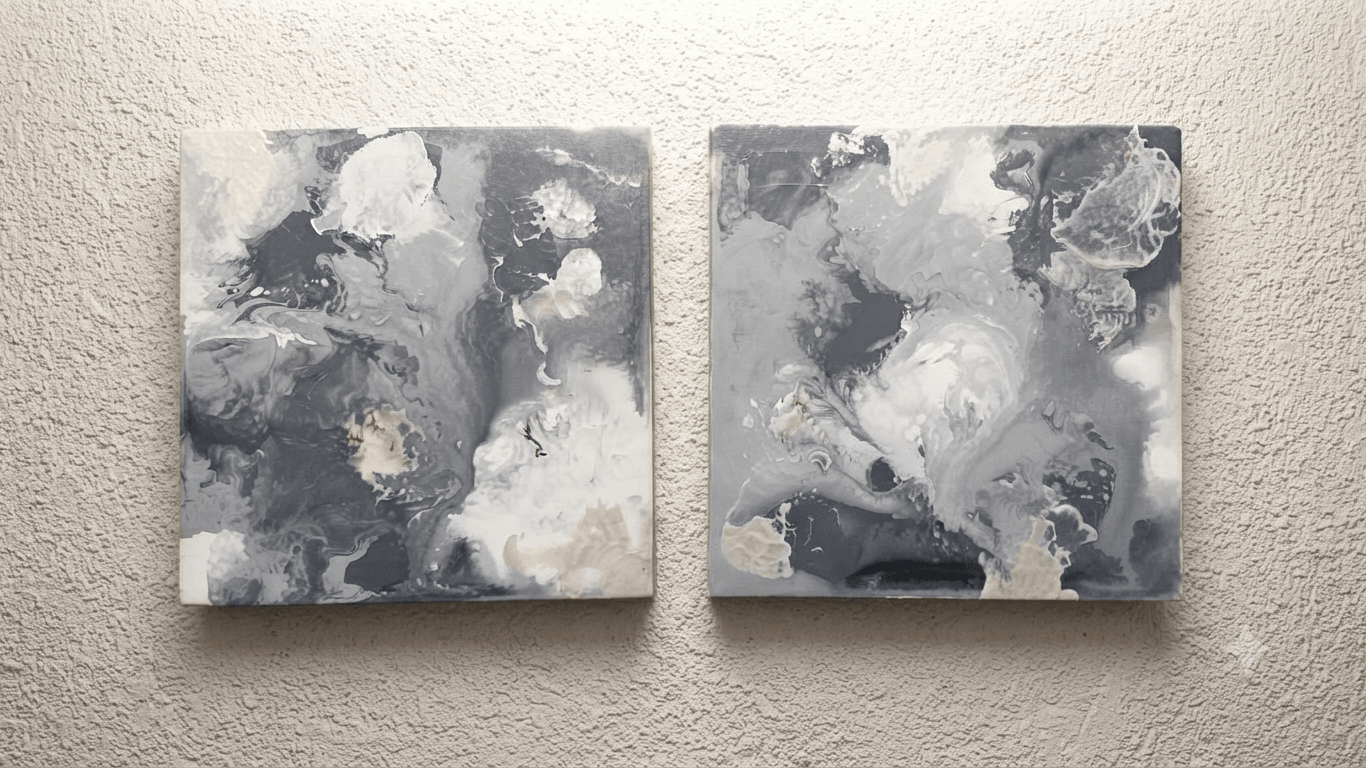 Two abstract black, white, and gray paintings hang side by side on a wall.