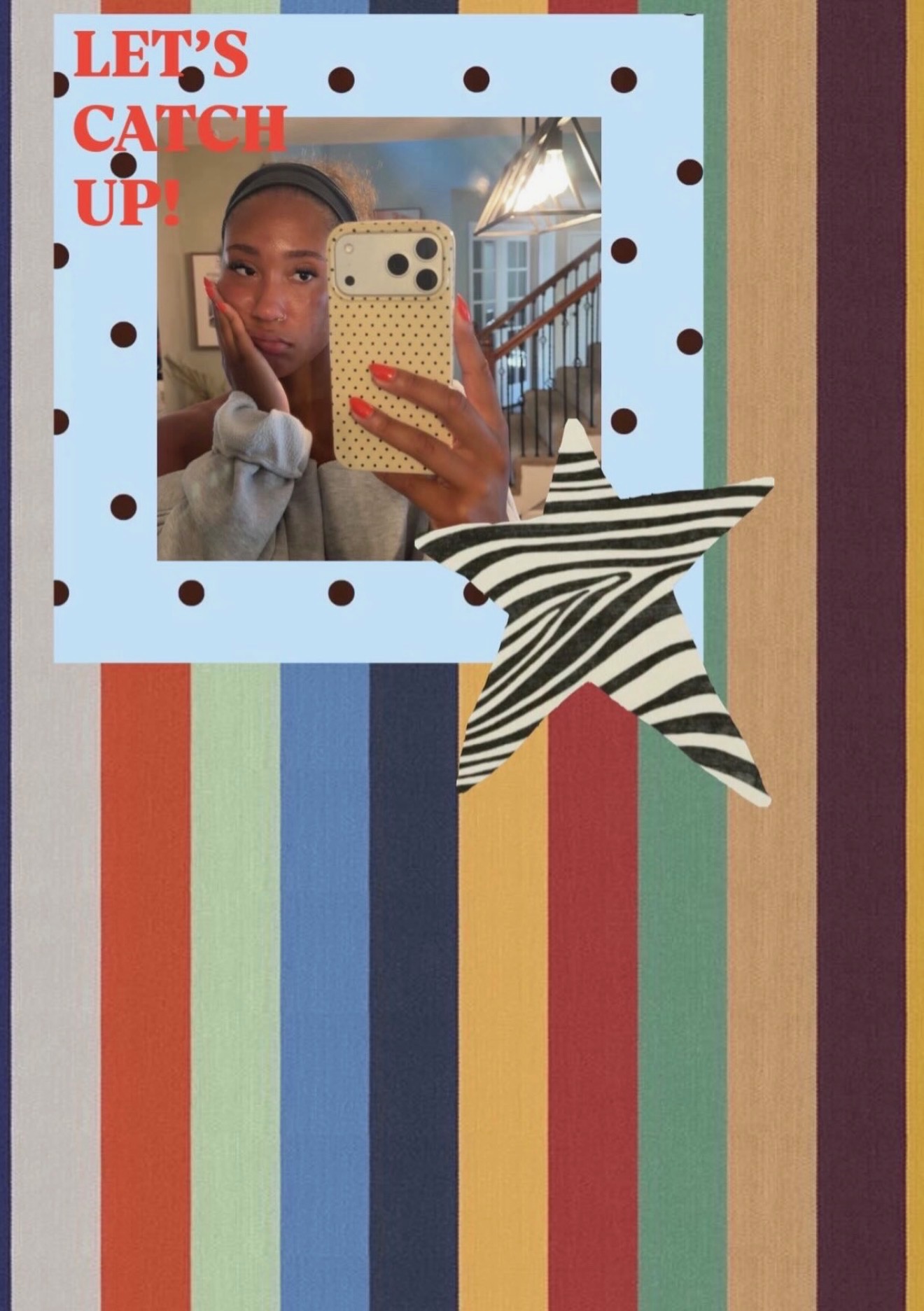 Person taking a mirror selfie with a phone, star-shaped decoration, colorful striped background, and text reading