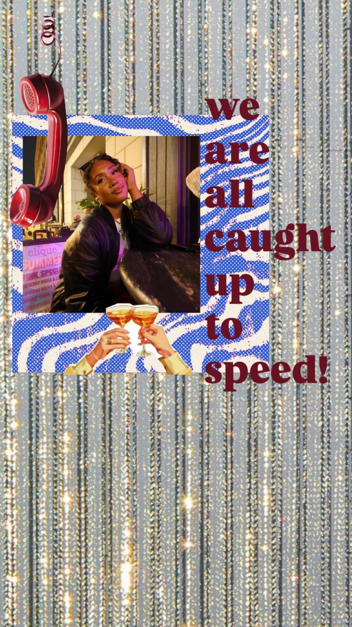 Person with pink hair in a black jacket, surrounded by colorful elements and text about speed, on a glittery background.