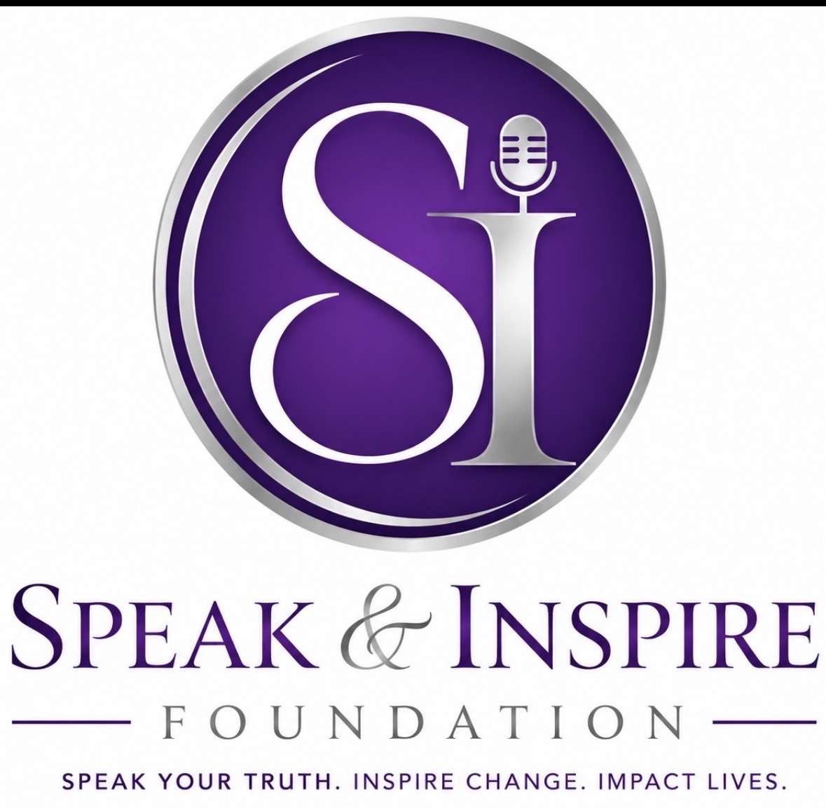 Logo with purple circle and white letters 'SI', text 'Speak & Inspire Foundation', and tagline below.
