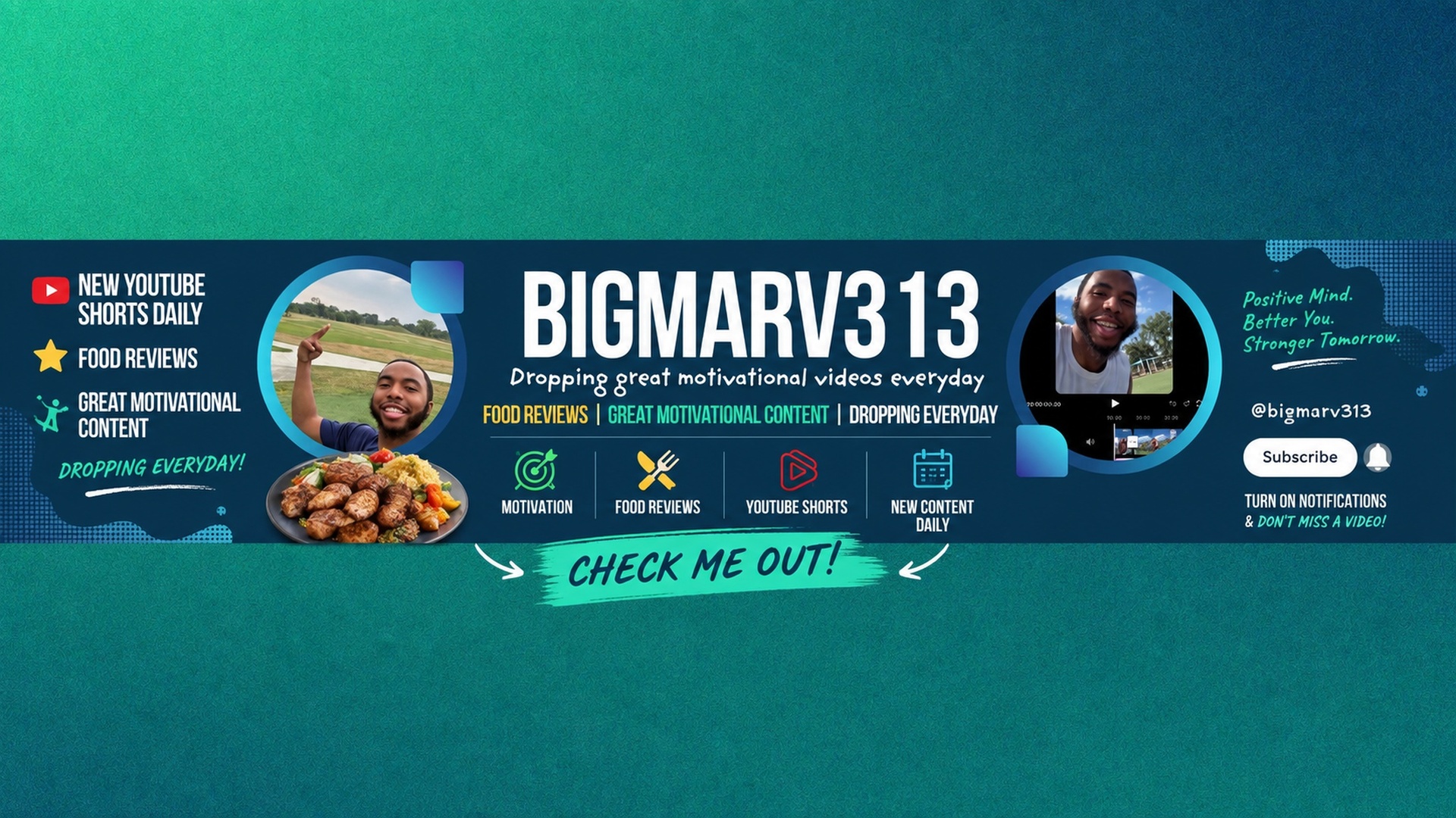 YouTube channel banner promoting BigMarv313 with food images, social media icons, and a call to action, on a blue-green background.