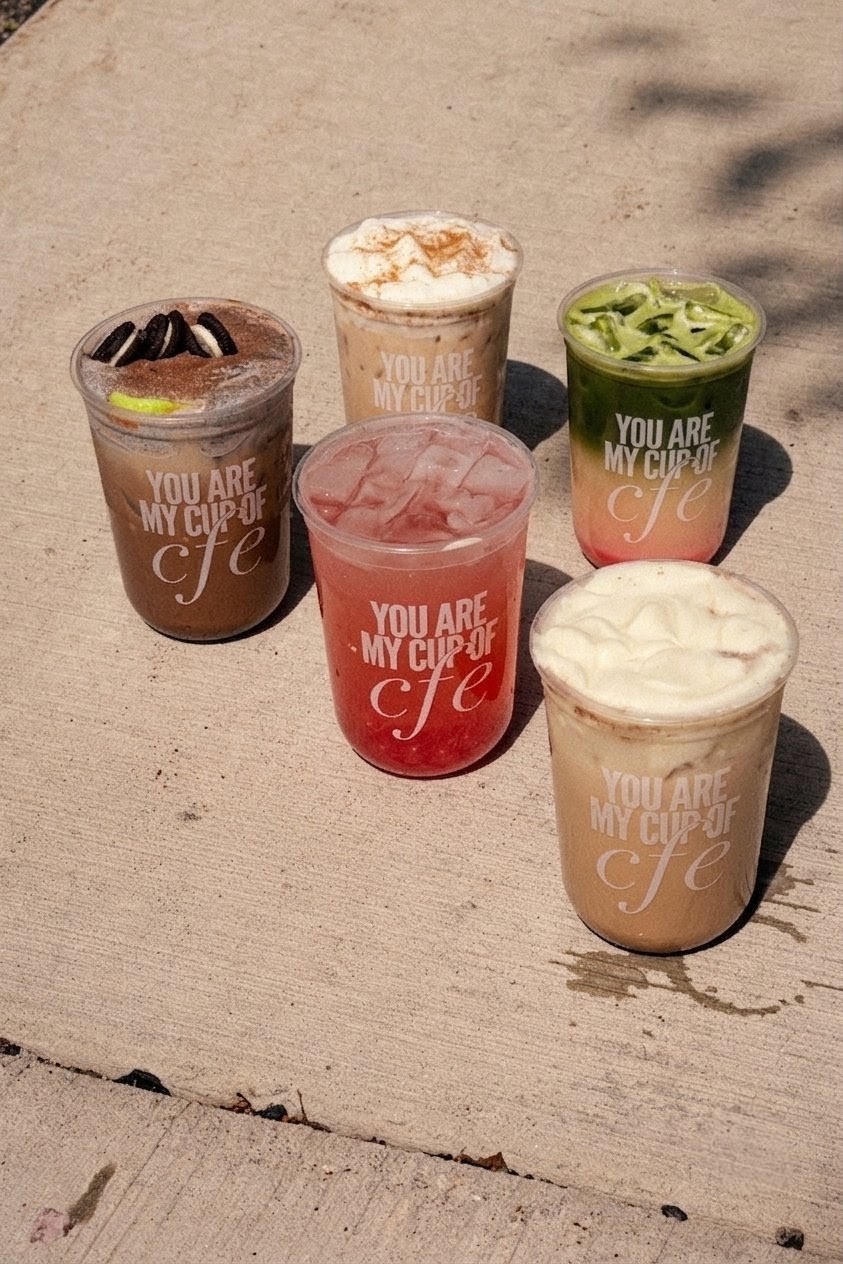 Five colorful drinks in cups with text, placed on a concrete surface outdoors, with shadows and sunlight.