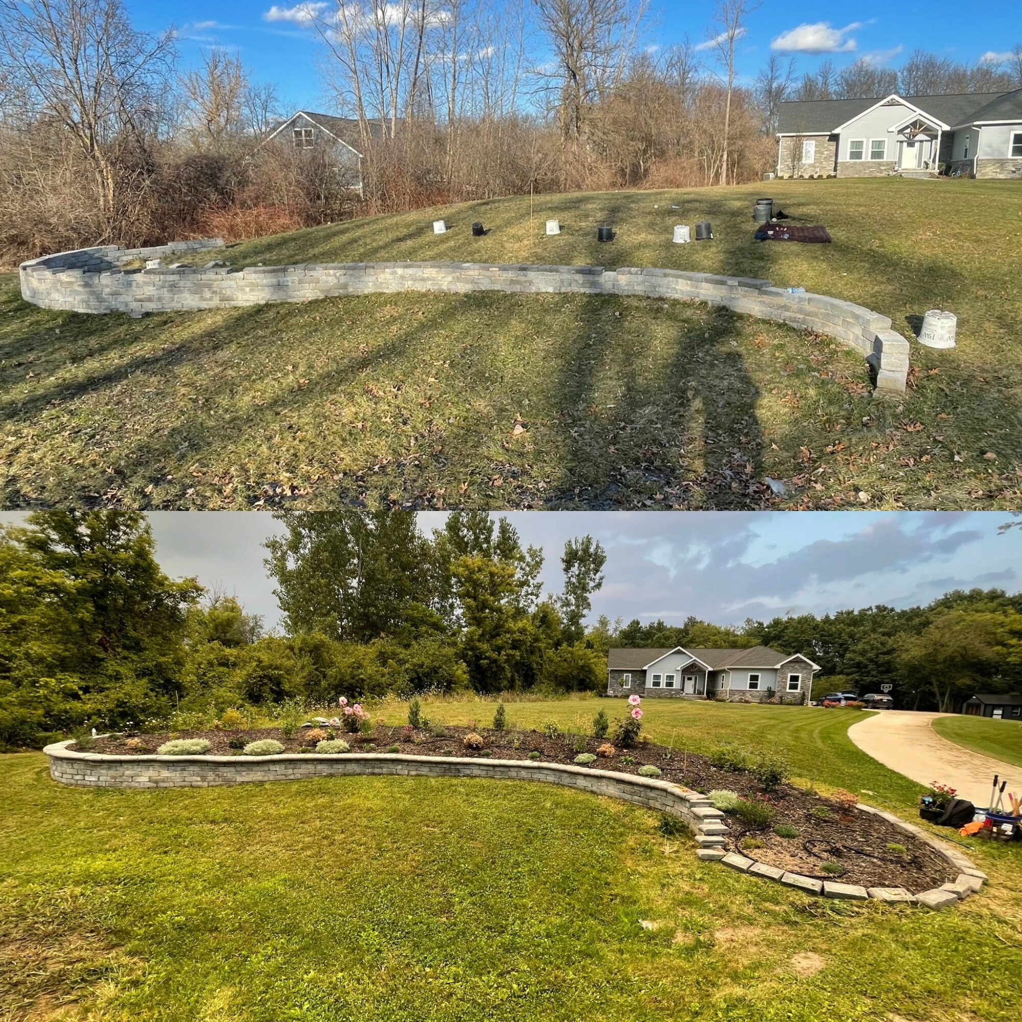 Two images of a landscaped yard with a curved stone wall, grass, trees, and a house in the background, taken during daytime.