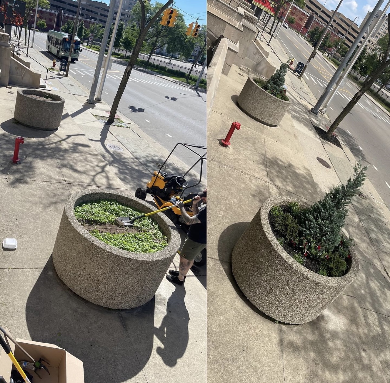 Two side-by-side images of large round concrete planters with plants, taken from different angles in an urban setting.