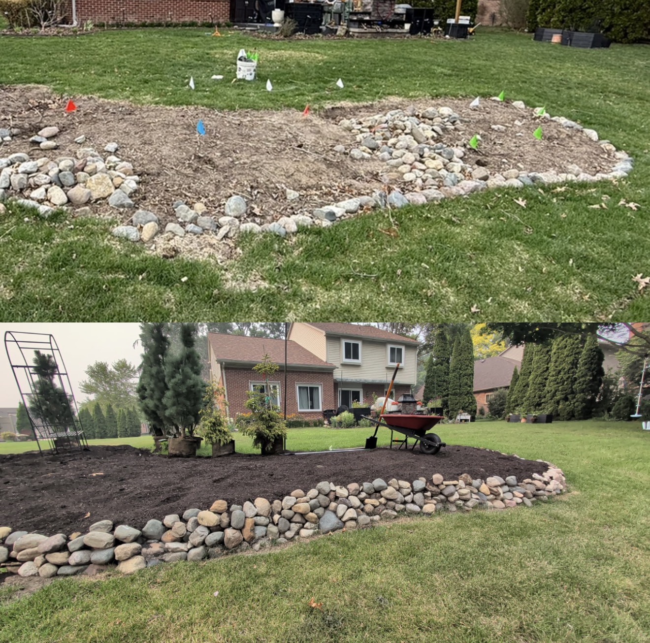 Two images of garden landscaping with stone borders and soil, one with a rocky border and the other with a larger stone border.