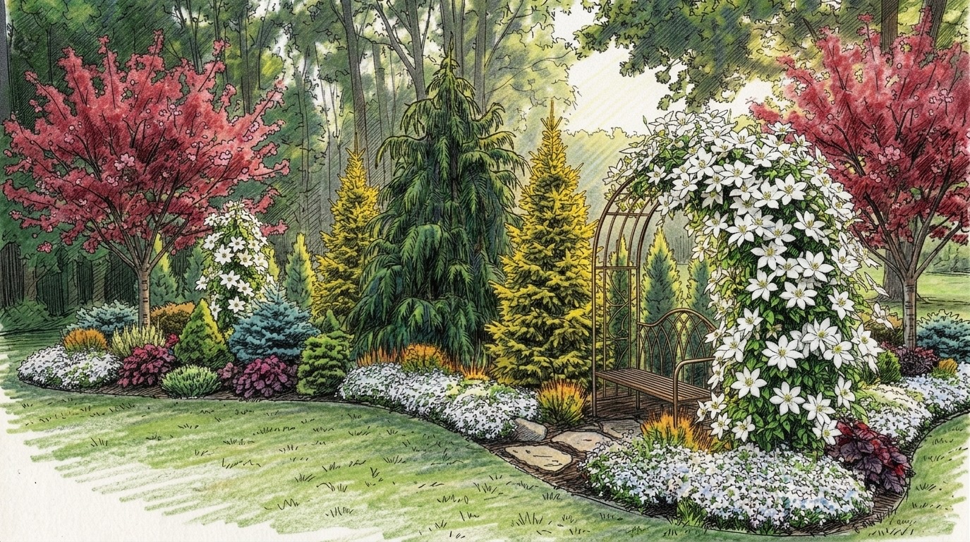 Garden scene with colorful trees, flowering bushes, and a curved pathway, lush greenery in the background.