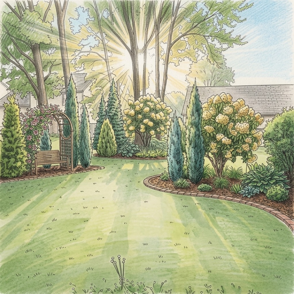 Sunlight filters through trees onto a lush garden with a lawn, bushes, and a bench, creating a peaceful scene.